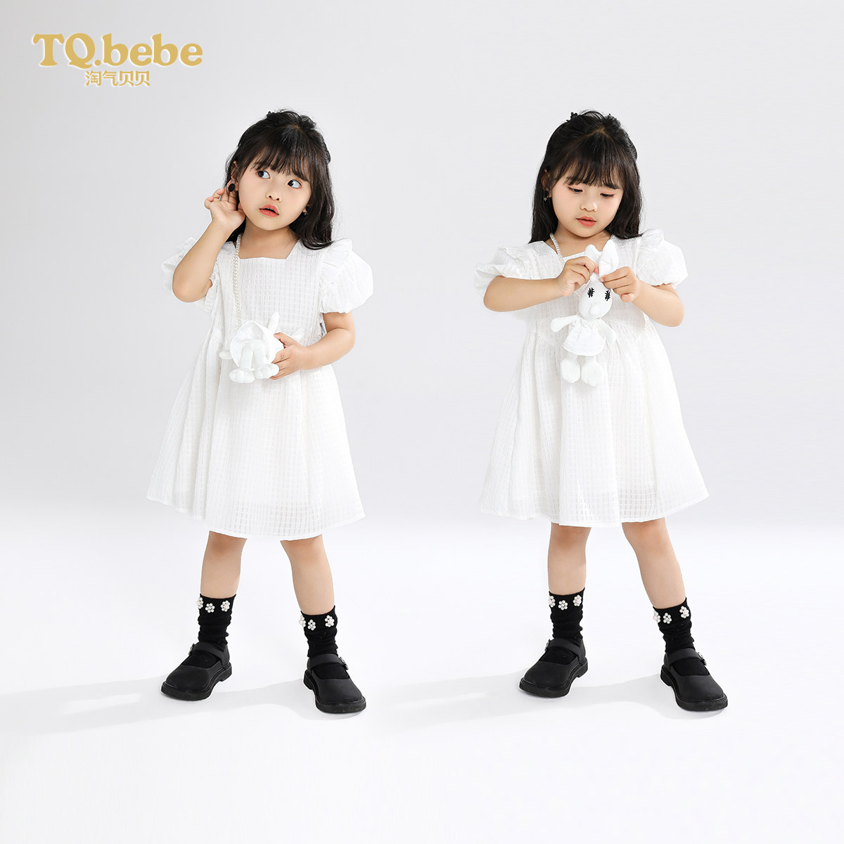 淘气贝贝女童方领连衣裙短袖2023新款夏季甜美公主裙女孩儿童裙子