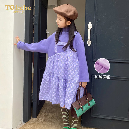 淘气贝贝女童加绒连衣裙秋冬时髦洋气半高领假两件中长款裙子冬季