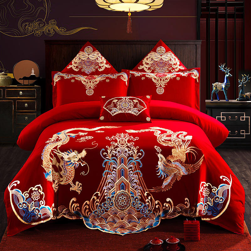 红色结婚床套结婚V四件套新婚床上用品婚庆四件套中式结婚床单被