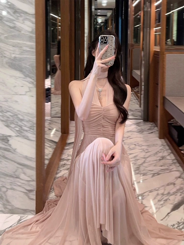 Летнее платье, сексуальный корсет, длинная юбка, французский стиль, V-образный вырез