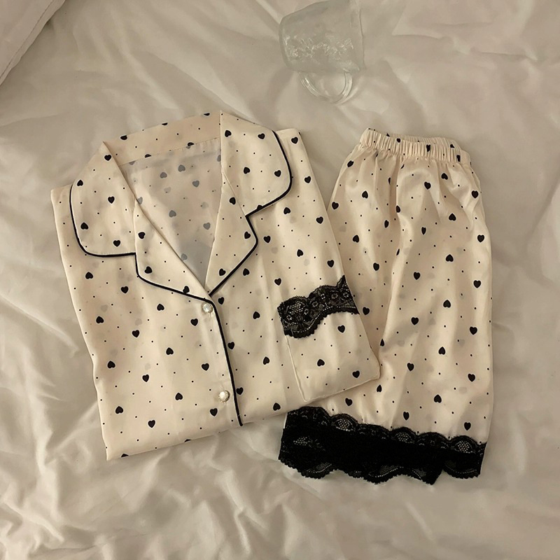 韩系高级感冰丝春夏季薄款睡衣女爱心开衫可外穿家居服女套装