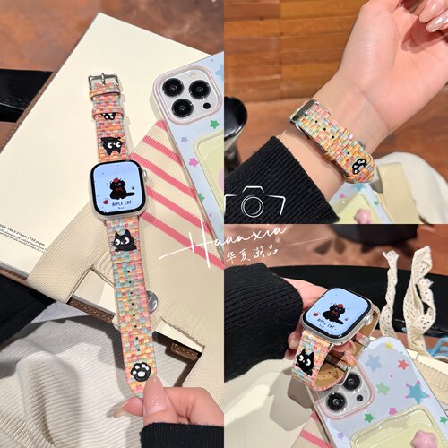 适用applewatchS11猫咪刺绣表带