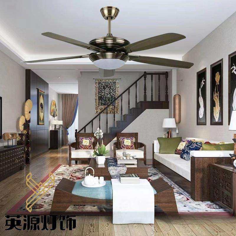 跨境东南亚仿古古铜色56寸胶叶客厅餐厅工业风扇灯吊扇灯中山灯具