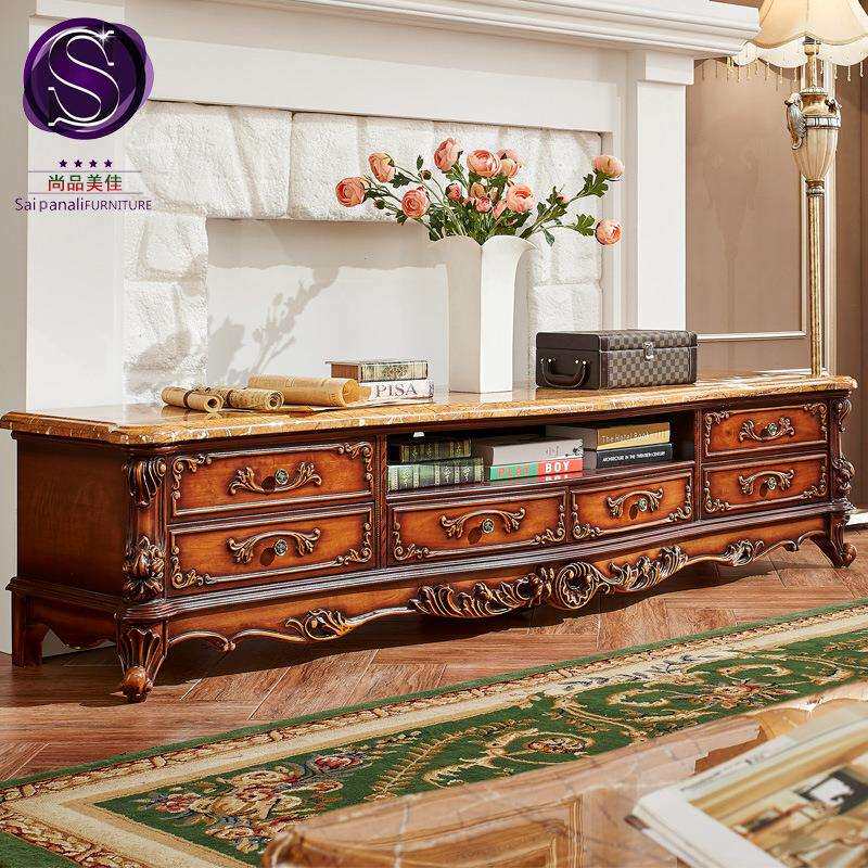 欧式大理石电视柜客厅全实木电视柜美式雕花储物地柜茶几组合套装