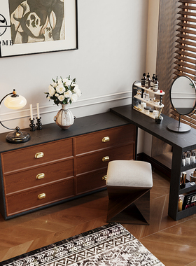 2025新款中古风化妆桌梳妆台斗柜一体卧室伸缩转角妆台床尾储物柜