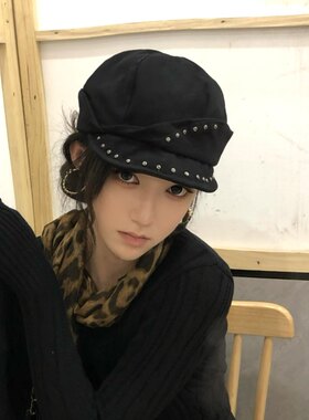 韩系古早感铆钉贝雷帽女小众个性八角帽复古百搭不规则鸭舌报童帽