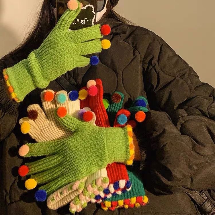 彩色球球毛线针织手套女冬季可爱韩国可触屏露手指头保暖五指骑车