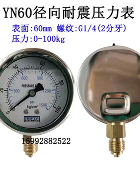 YN60径向耐震压力表100KG 250KG油压液压表防震气压水压表 G1/4