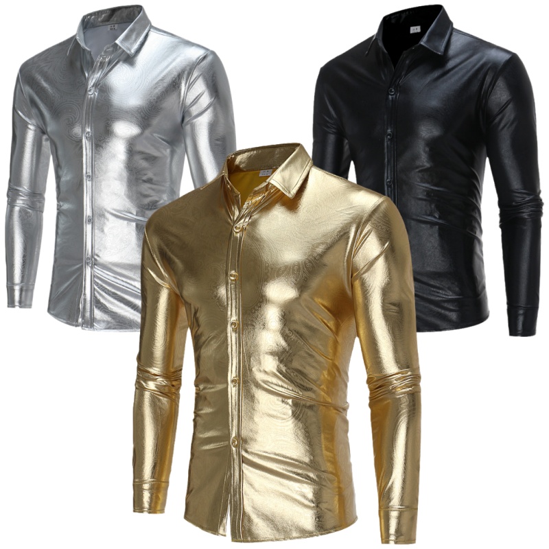 男士银色翻领上衣街头风花纹衬衣亮面仿皮长袖衬衫嘻哈歌手表演服