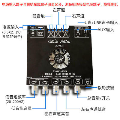 2.1声道A3251蓝牙数字功放板模块高低音调低音炮220W*2+350W