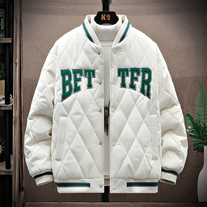 冬季加厚美式刺绣棉衣男生棒球服宽松棒球衣夹克休闲菱格棉服外套