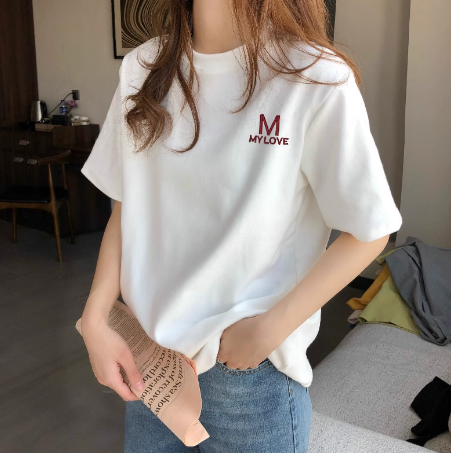 白色圆领短袖T恤女宽松百搭字母印花上衣夏季简约