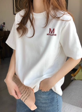 白色圆领短袖T恤女宽松百搭字母印花上衣夏季简约