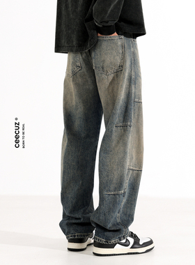 Ceecuz分割复古工装牛仔裤男款美式潮牌做旧水洗宽松阔腿长裤