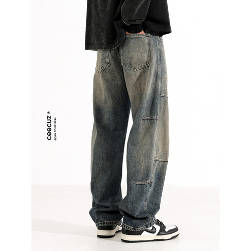 Ceecuz分割复古工装牛仔裤男款美式潮牌做旧水洗宽松阔腿长裤