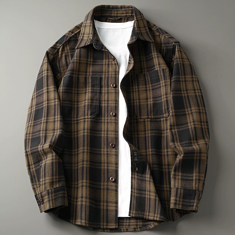 点霸日系复古格子衬衫男女秋冬重磅加厚宽松大码纯棉长袖衬衣外套