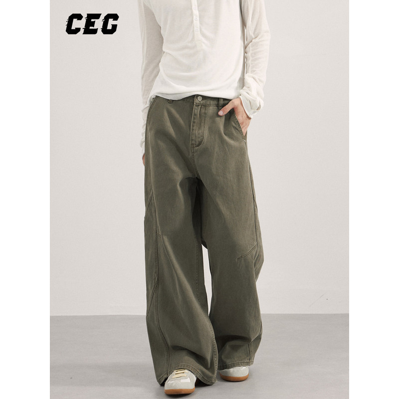CEG美式复古水洗做旧牛仔裤男女情侣宽松直筒阔腿长阔腿裤子