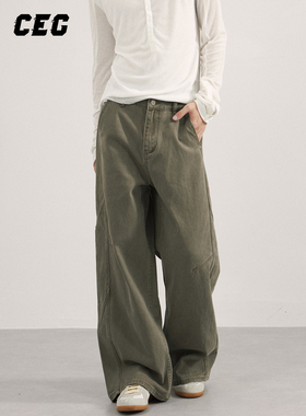 CEG美式复古水洗做旧牛仔裤男女情侣宽松直筒阔腿长阔腿裤子