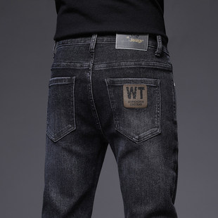 黑色高端牛仔裤男修身小脚弹力冬季款2025新款男裤男款加绒长裤子