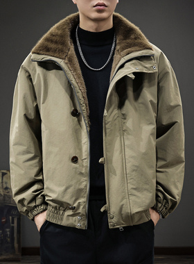 美式复古双面穿加绒保暖棉衣男冬季新款痞帅翻领工装防风夹克外套