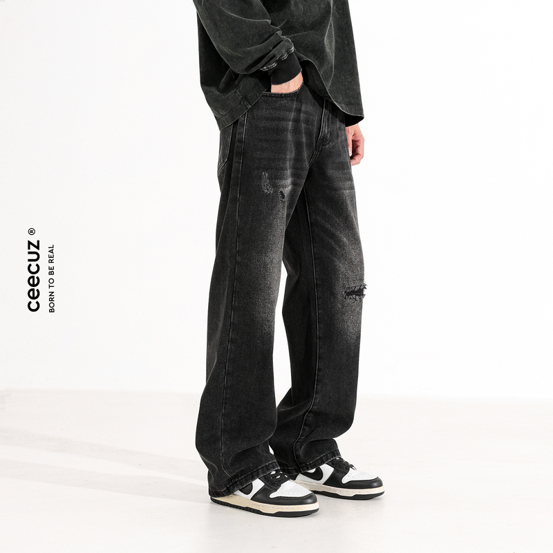 Ceecuz设计感重磅水洗破洞牛仔裤男款松弛感宽松阔腿廓形长裤