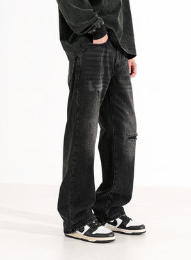 Ceecuz设计感重磅水洗破洞牛仔裤男款松弛感宽松阔腿廓形长裤
