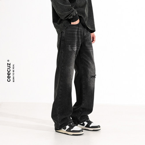 Ceecuz设计感重磅水洗破洞牛仔裤男款松弛感宽松阔腿廓形长裤