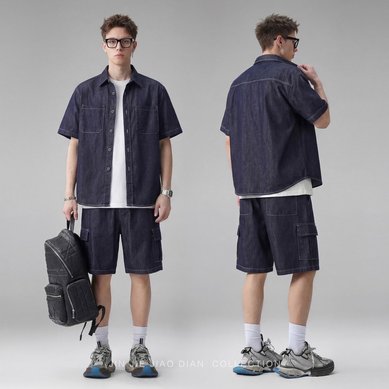 伯明翰老钱风莱赛尔水洗休闲运动套装男牛仔套装2026夏季短袖衬衫