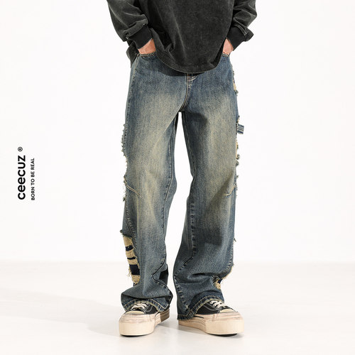 Ceecuz复古做旧vintage宽松阔腿牛仔裤男个性小众宽松直筒长裤子