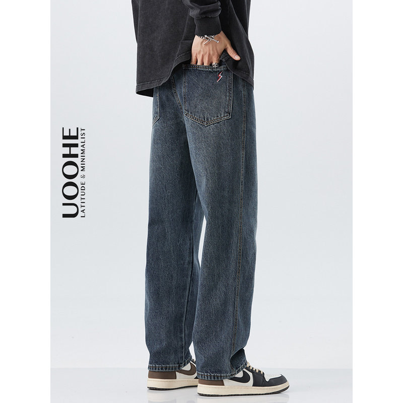 UOOHE深蓝色直筒牛仔裤男士秋冬季美式复古休闲宽松阔腿裤子男生