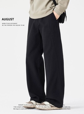 August美式黑色工装裤男款宽松直筒纯棉休闲长裤子秋冬加绒加厚款
