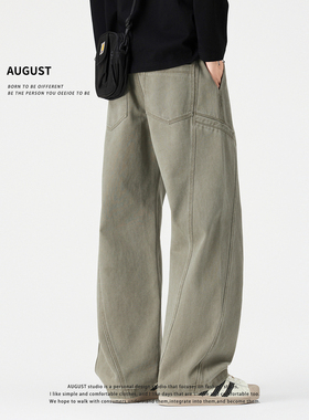 August美式复古工装裤男款宽松直筒纯棉休闲长裤子秋冬加绒加厚款