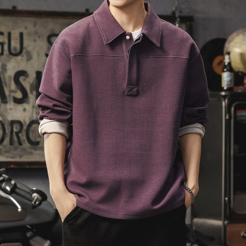 高级感痞帅polo衫男款美式潮牌宽松休闲翻领卫衣日系提花紫色上衣