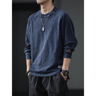 秋季美式复古长袖t恤男2025新款春秋纯棉重磅潮牌水洗内搭肌理感