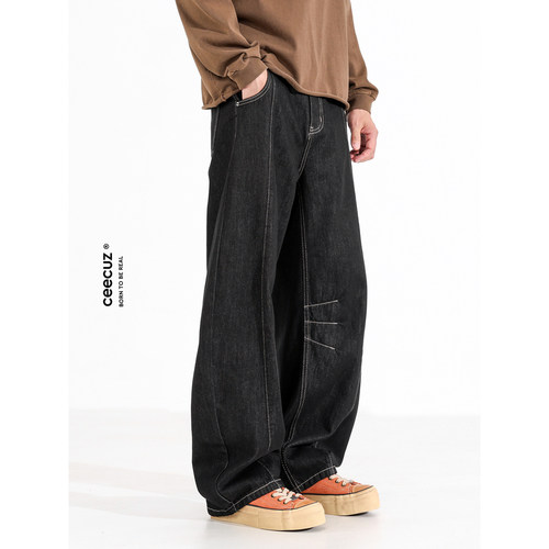 Ceecuz设计感美式复古水洗黑色弯刀牛仔裤男款松弛感宽松廓形长裤