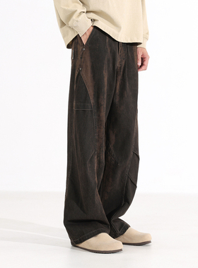 Ceecuz 复古vintage弯刀阔腿裤男款褶皱廓形宽松伞兵裤休闲工装裤