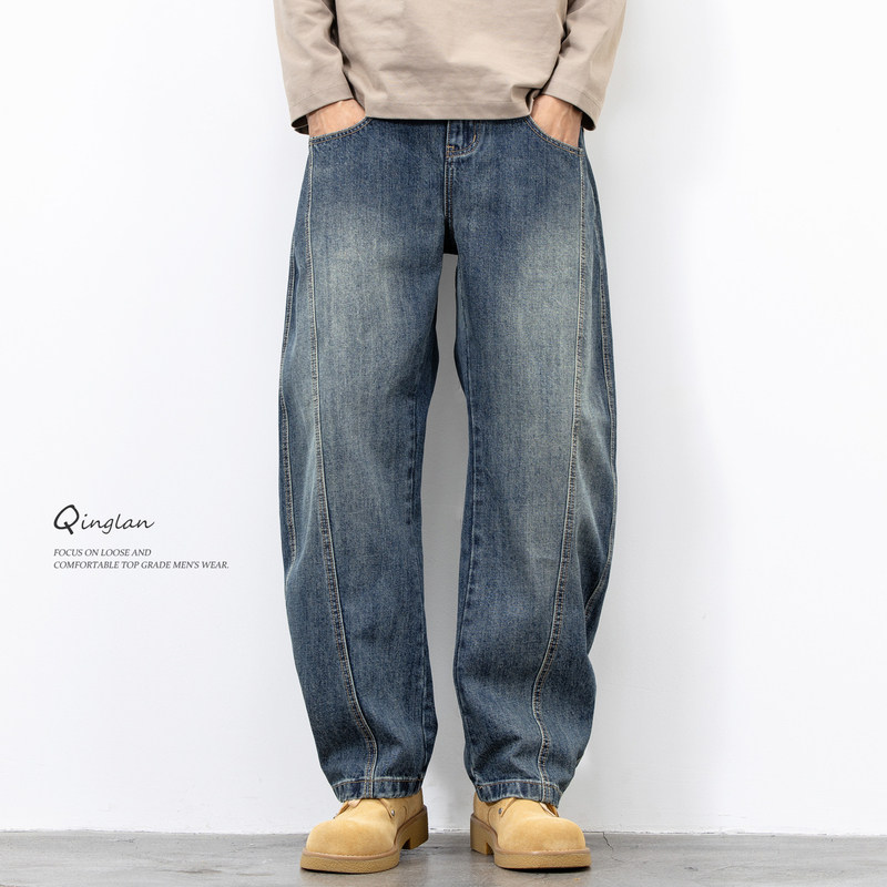 轻澜美式复古牛仔裤男宽松直筒潮流休闲百搭2025新款阔腿弯刀裤子