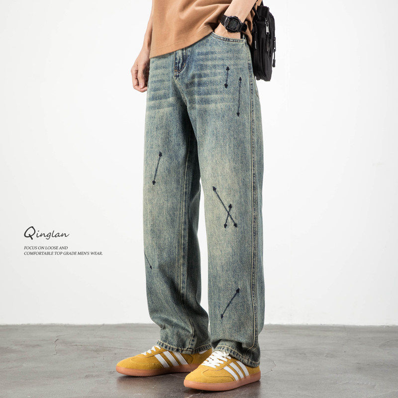 轻澜刺绣牛仔裤男直筒宽松美式复古休闲潮牌裤子加绒加厚2025新款