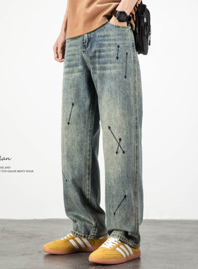 轻澜刺绣牛仔裤男直筒宽松美式复古休闲潮牌裤子加绒加厚2025新款