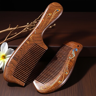 木正梳子丝摩天脱金香发家按梳长梳木用静电梳然木发品檀桃防梳檀