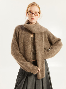 Heemmi/赫觅设计师品牌马海毛慵懒针织外套背心围巾三件套套装