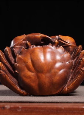 旧藏小叶黄杨木雕八方来财公母螃蟹古玩办公室桌面摆件家居装饰品