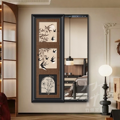 中古风竹子玄关装饰画隐藏式可推拉翻开全身镜隐形穿衣镜过道挂画
