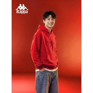 Kappa卡帕背靠背新年红色连帽卫衣男新款运动休闲套头帽衫上衣女