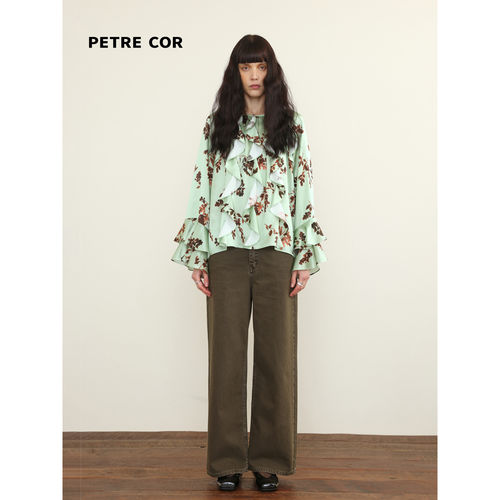 PETRE COR独立设计师圆领花边细褶上衣女 天丝压褶温柔氛围感衬衫