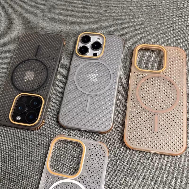 超薄散热网孔适用iPhone17Pro手机壳透气苹果15promax细磁吸无线充电16pm轻薄磨砂ip13男女全包防摔12保护套