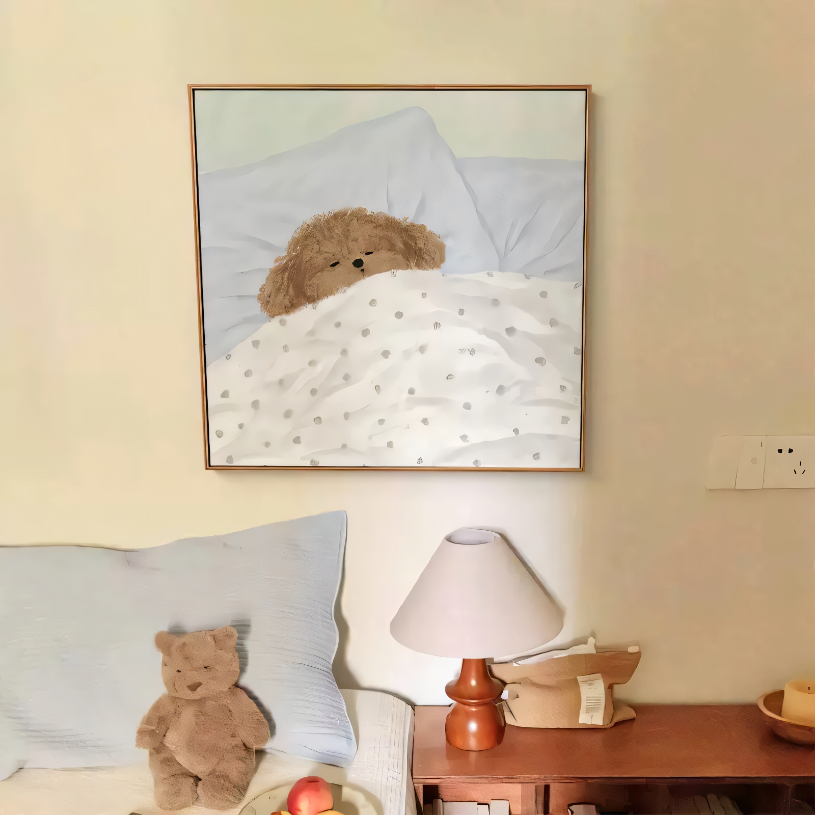 可爱卡通猫狗儿童房装饰画北欧奶油风卧室温馨挂画客餐厅趣味壁画图片