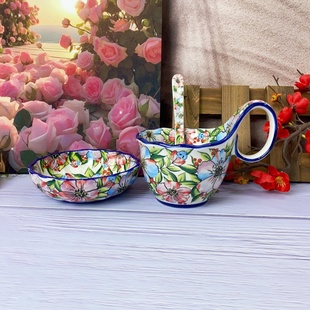 七彩花外贸出口陶瓷曲把杯带勺带碟家用陶瓷杯子大容量早餐杯水杯