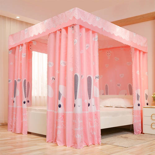 家用床幔一体式落地款防尘顶蚊帐遮光防尘防风加厚三开门床帘支架