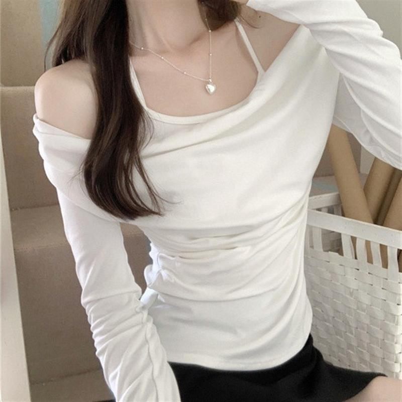 纯欲风性感一字肩褶皱修身长袖T恤女港味辣妹挂脖荡领假两件上衣